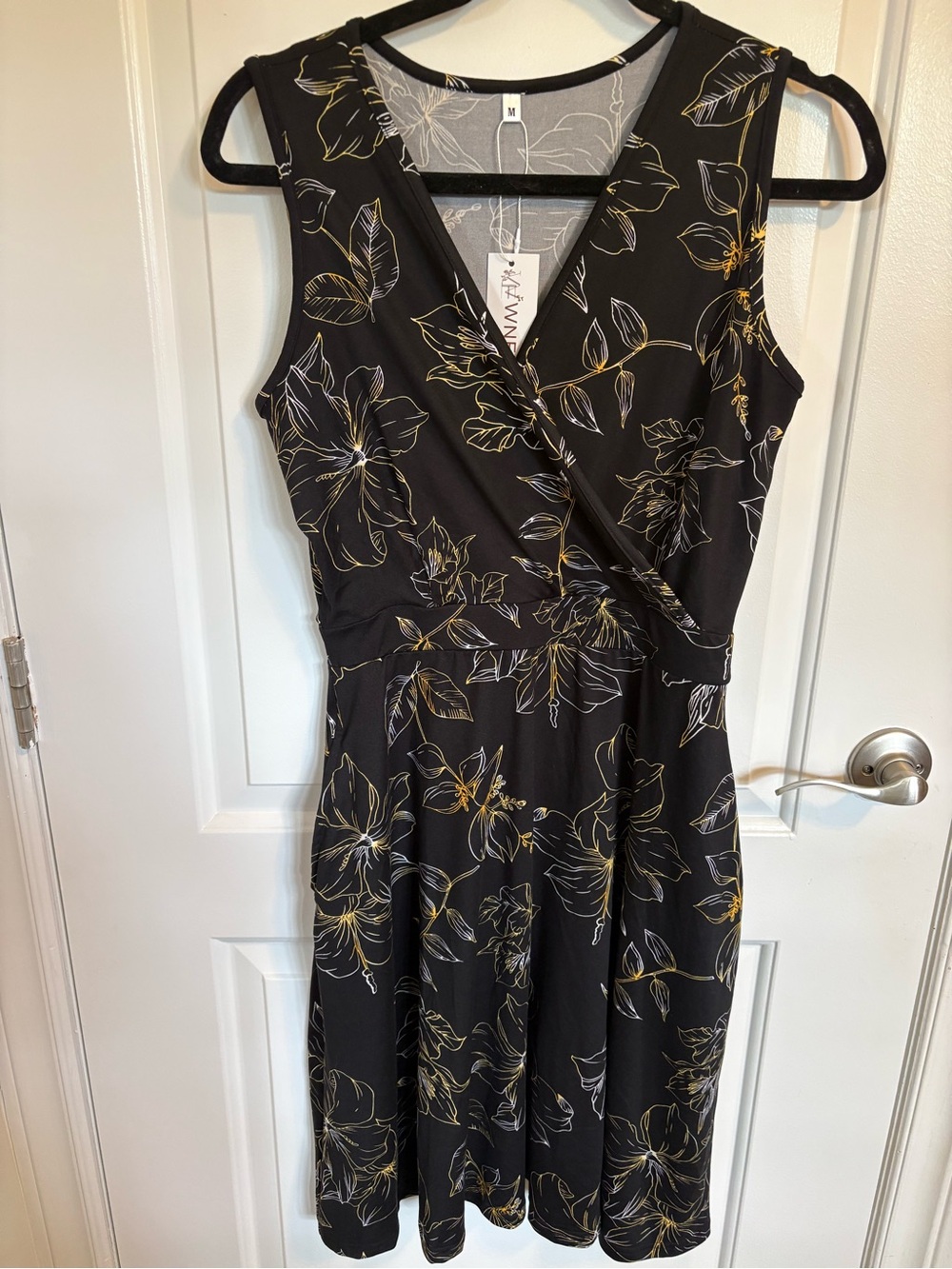 Amazon Black Floral Wrap Midi Dress with yellow and white floral pattern.